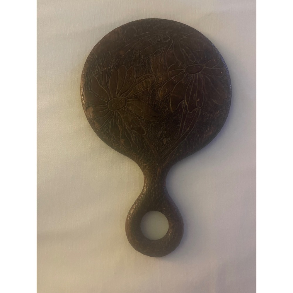 Vintage Carved Wood Hand Mirror Floral Daisy Design Brown Rustic Vanity Decor - Picture 2 of 3